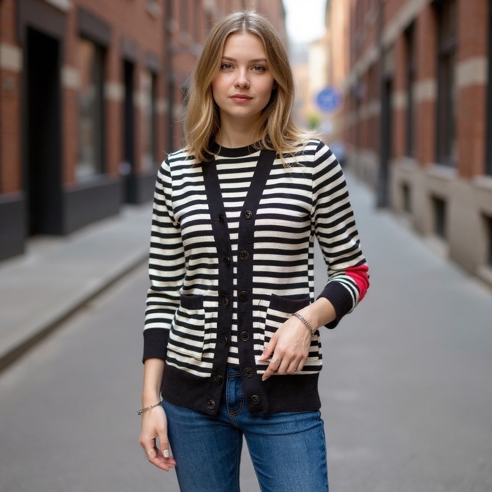 Poof Girl Kids Striped Black & White Cardigan with Red Heart Elbow Patches - Picture 2 of 7